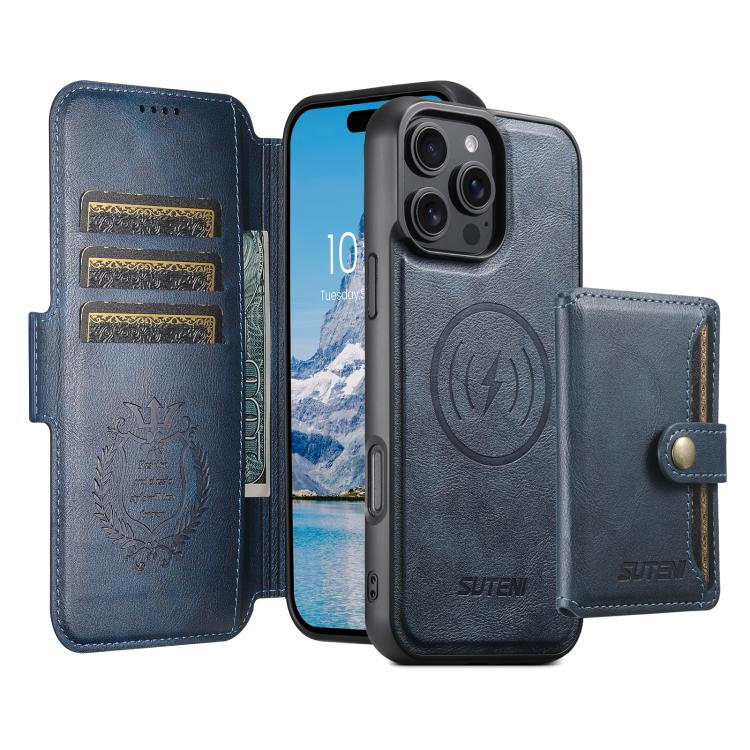 Funda de cuero Suteni Q06S1 3 en 1 con cierre magnético y desmontable para iPhone 15 (azul)