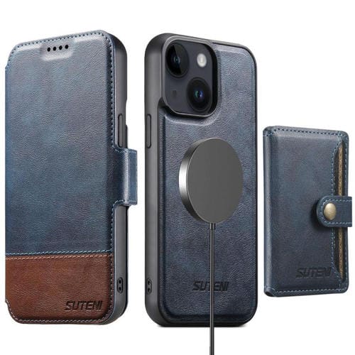 Funda de cuero Suteni Q06S1 3 en 1 con función de billetera desmontable y MagSafe para iPhone 14 (azul)