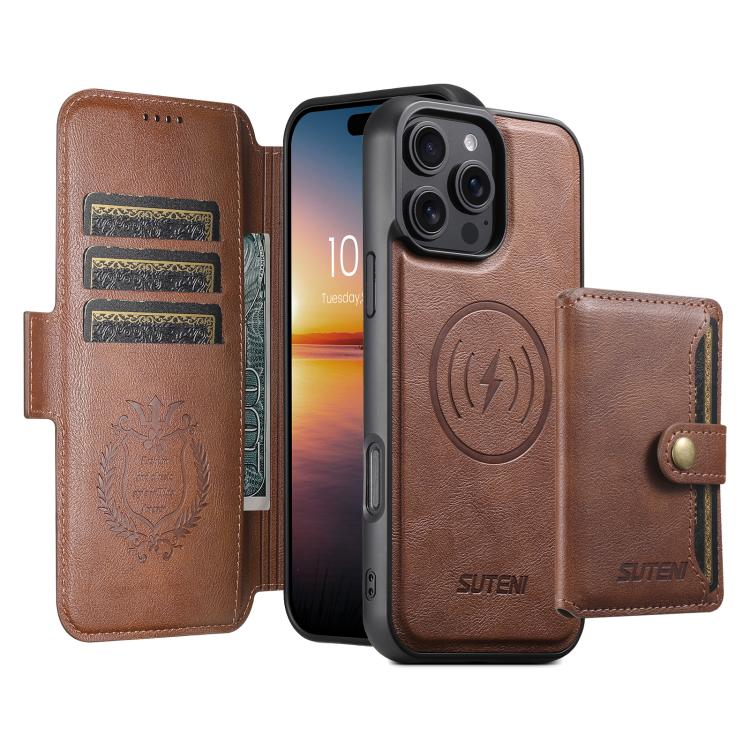 Funda de cuero Suteni Q06S1 3 en 1 con cierre magnético y billetera desmontable para iPhone 12 Pro Max (marrón)