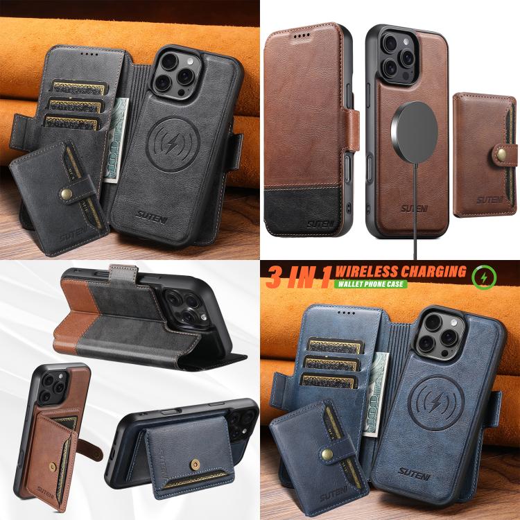 Funda de cuero Suteni Q06S1 3 en 1 con cierre magnético y desmontable para iPhone 15 (azul)