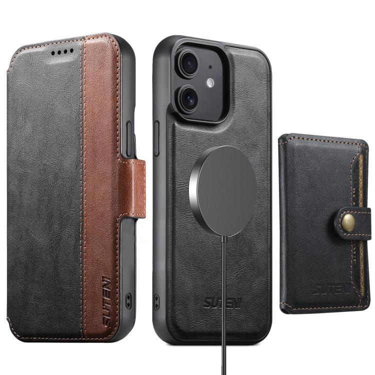 Funda de cuero Suteni Q07S1 3 en 1 con cierre magnético y billetera desmontable para iPhone 12 (negro)