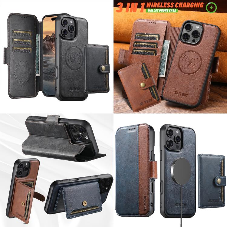 Funda de cuero Suteni Q07S1 3 en 1 con cierre magnético y billetera desmontable para iPhone 12 Pro Max (negro)