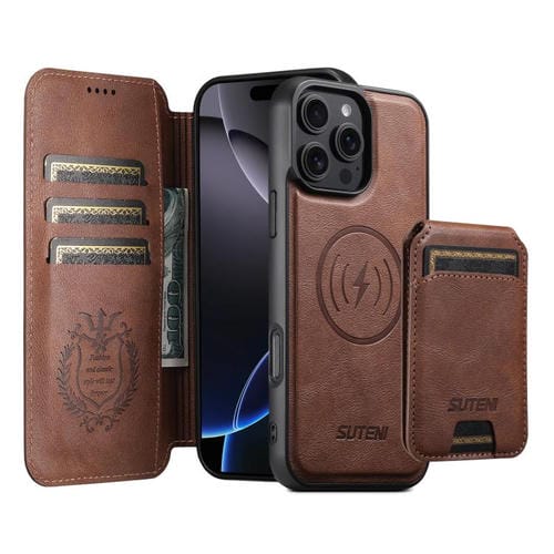 Funda de cuero Suteni Q05S2 3 en 1 con tapa vertical desmontable y función MagSafe para iPhone 16 Pro (marrón)