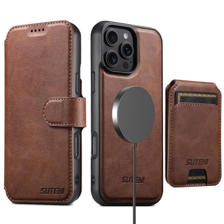 Funda de cuero Suteni Q05S2 3 en 1 con tapa vertical desmontable y función MagSafe para iPhone 16 (marrón)