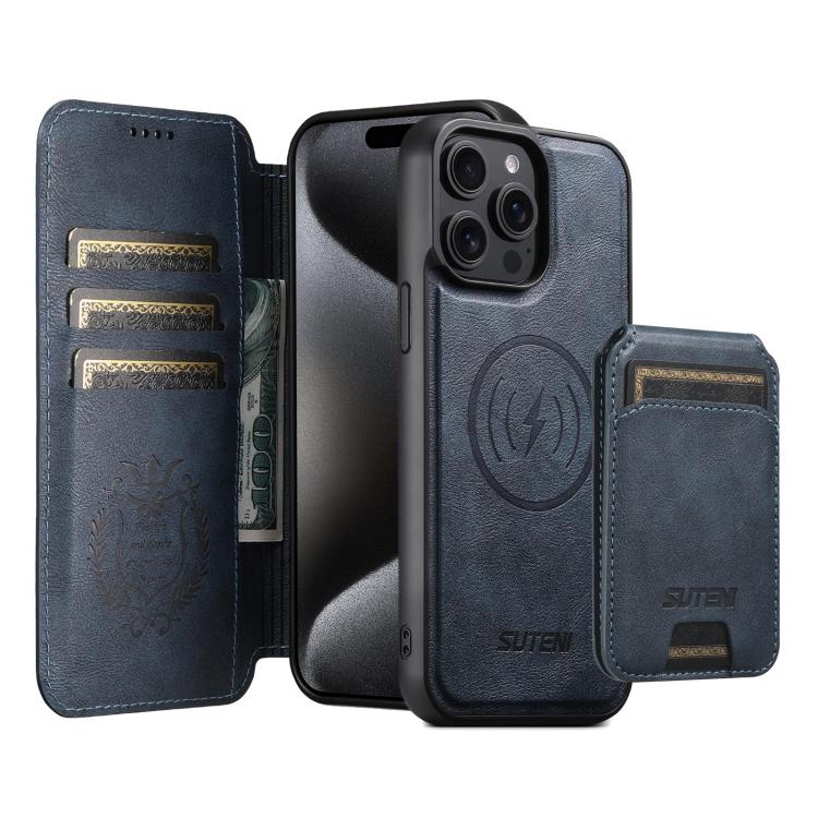 Funda de cuero Suteni Q05S2 3 en 1 con tapa vertical desmontable y función de cierre magnético para iPhone 15 Pro Max (azul)