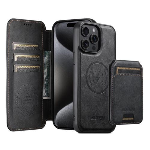 Funda de cuero Suteni Q05S2 3 en 1 con tapa vertical desmontable y función de cierre magnético para iPhone 15 Pro (negro)