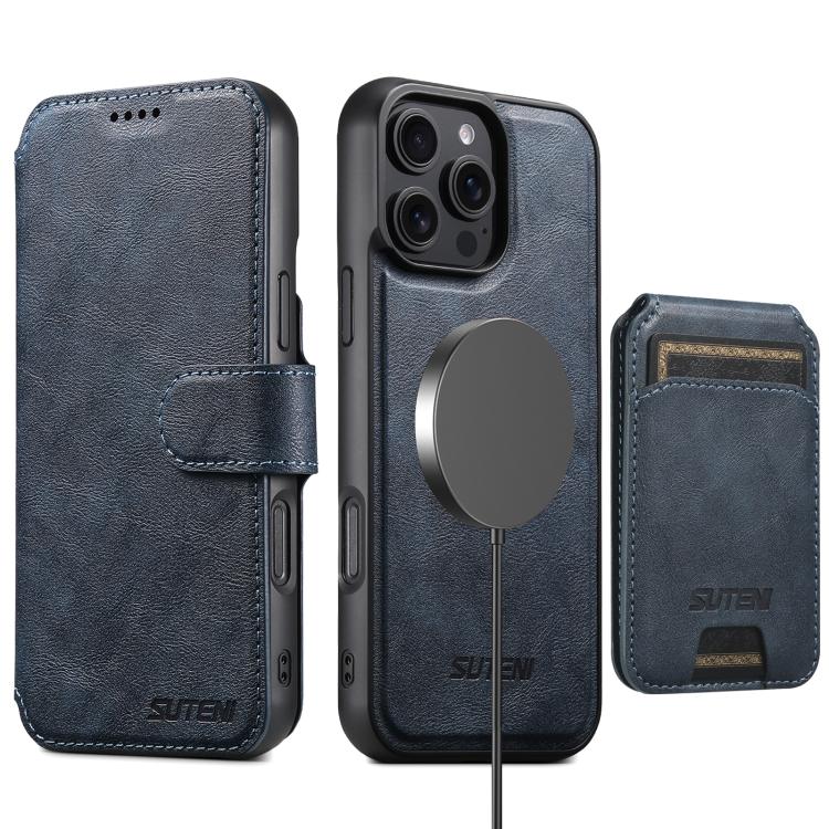 Funda de cuero Suteni Q05S2 3 en 1 con tapa vertical desmontable y función de cierre magnético para iPhone 14 (azul)