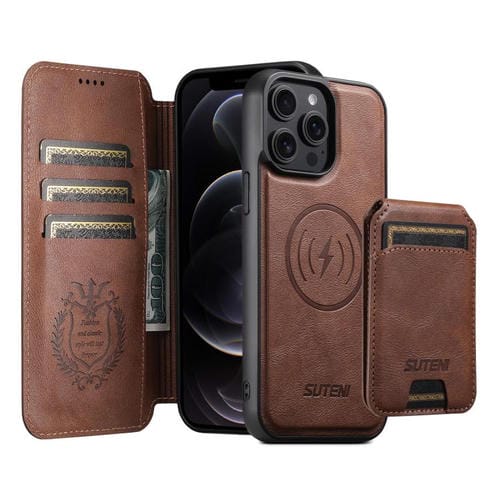 Funda de cuero Suteni Q05S2 3 en 1 con tapa vertical desmontable y función MagSafe para iPhone 12 Pro (marrón)