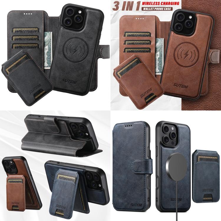 Funda de cuero Suteni Q05S2 3 en 1 con tapa vertical desmontable y función MagSafe para iPhone 16 Plus (marrón)
