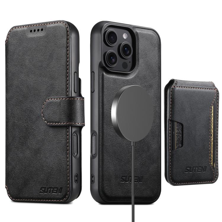 Funda de cuero Suteni Q05S3 3 en 1 con tapa vertical desmontable y función de cierre magnético para iPhone 16 Pro Max (negro)