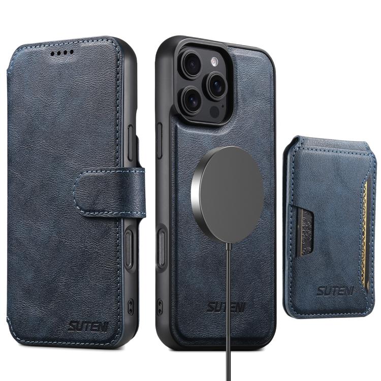 Funda de cuero Suteni Q05S3 3 en 1 con tapa vertical desmontable y función de cierre magnético para iPhone 16 Pro (azul)