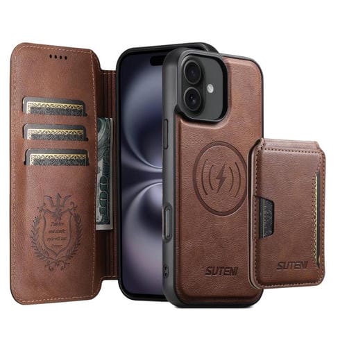 Funda de cuero Suteni Q05S3 3 en 1 con tapa vertical desmontable y función MagSafe para iPhone 16 (marrón)