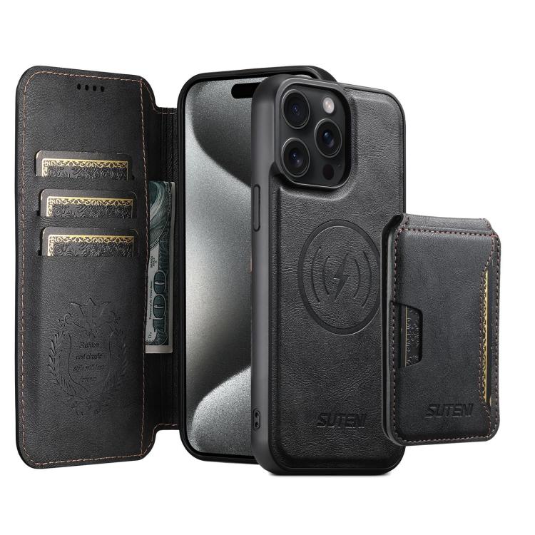 Funda de cuero Suteni Q05S3 3 en 1 con tapa vertical desmontable y función de cierre magnético para iPhone 15 Pro Max (negro)