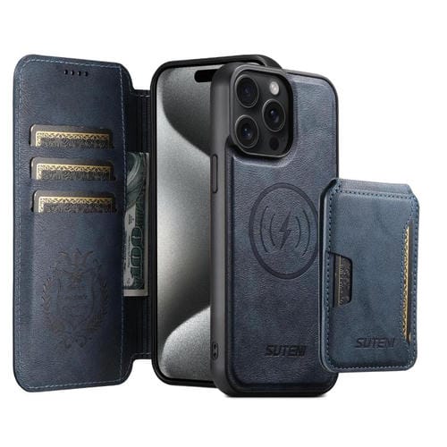 Funda de cuero Suteni Q05S3 3 en 1 con tapa vertical desmontable y función de cierre magnético para iPhone 15 Pro Max (azul)