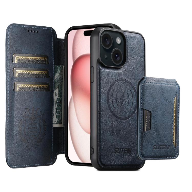 Funda de cuero Suteni Q05S3 3 en 1 con tapa vertical desmontable y función de cierre magnético para iPhone 15 Plus (azul)