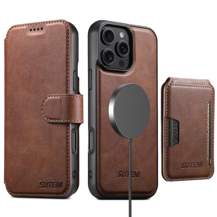 Funda de cuero Suteni Q05S3 3 en 1 con tapa vertical desmontable y función MagSafe para iPhone 15 (marrón)