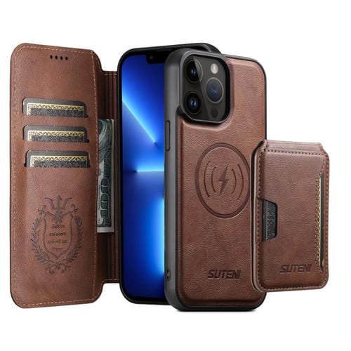 Funda de cuero Suteni Q05S3 3 en 1 con tapa vertical desmontable y función MagSafe para iPhone 13 Pro (marrón)