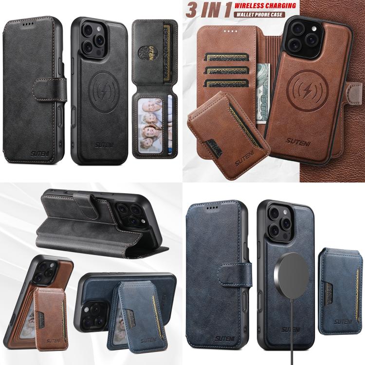 Funda de cuero Suteni Q05S3 3 en 1 con tapa vertical desmontable y función de cierre magnético para iPhone 15 (negro)
