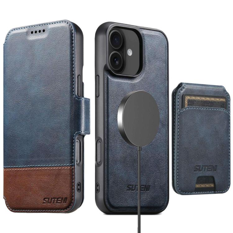Funda de cuero Suteni Q06S2 3 en 1 con tapa vertical desmontable y cierre MagSafe para iPhone 16 Plus (azul)