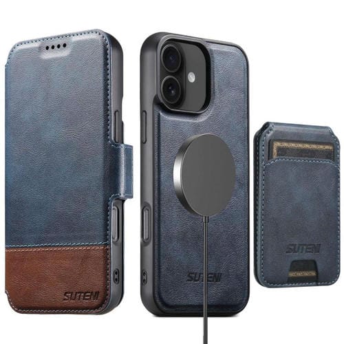 Funda de cuero Suteni Q06S2 3 en 1 con tapa vertical desmontable y cierre MagSafe para iPhone 16 (azul)