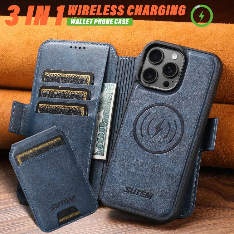 Funda de cuero Suteni Q06S2 3 en 1 con tapa vertical desmontable y cierre MagSafe para iPhone 15 Pro (azul)