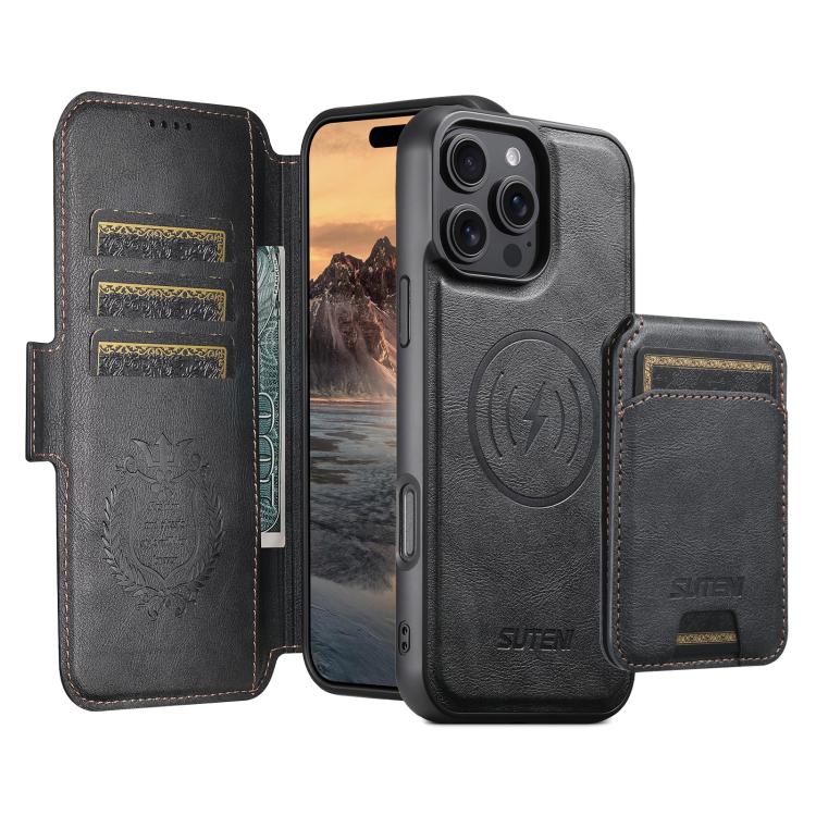 Funda de cuero Suteni Q06S2 3 en 1 con tapa vertical desmontable y cierre MagSafe para iPhone 15 Plus (negra)