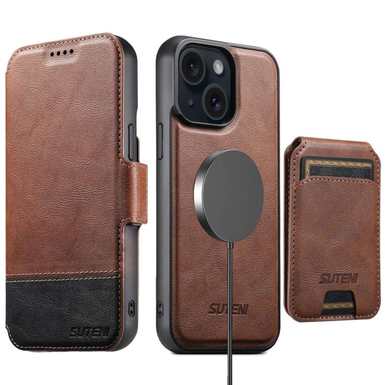Funda de cuero Suteni Q06S2 3 en 1 con tapa vertical desmontable y cierre MagSafe para iPhone 15 Plus (marrón)