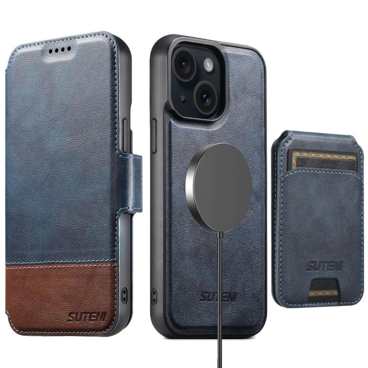 Funda de cuero Suteni Q06S2 3 en 1 con tapa vertical desmontable y cierre MagSafe para iPhone 15 (azul)