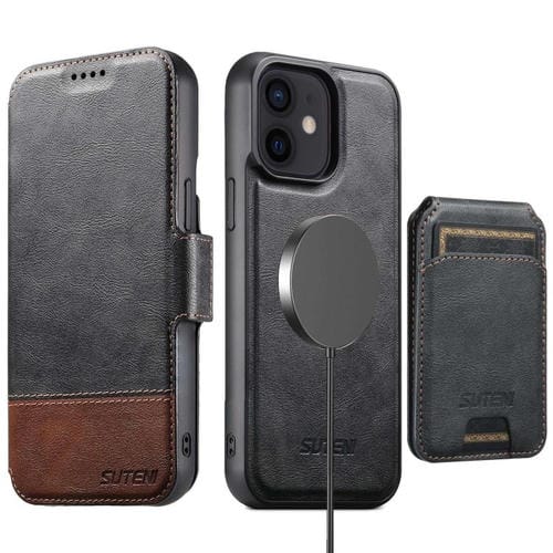 Funda de cuero Suteni Q06S2 3 en 1 con tapa vertical desmontable y cierre MagSafe para iPhone 12 (negro)
