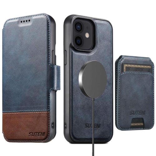 Funda de cuero Suteni Q06S2 3 en 1 con tapa vertical desmontable y cierre MagSafe para iPhone 12 (azul)