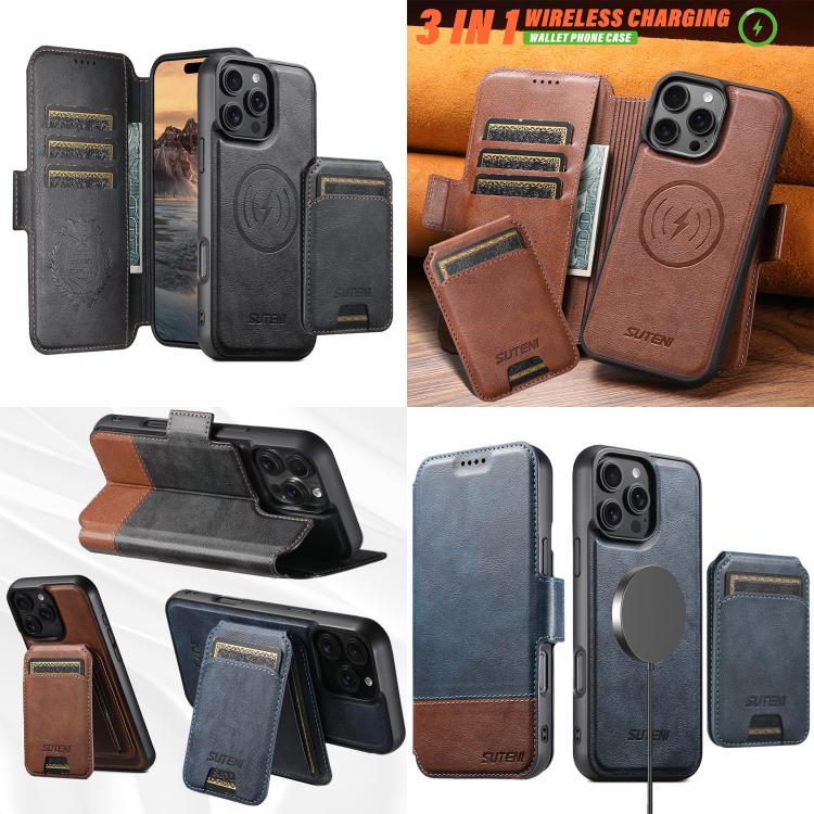 Funda de cuero Suteni Q06S2 3 en 1 con tapa vertical desmontable y cierre MagSafe para iPhone 15 Plus (negra)