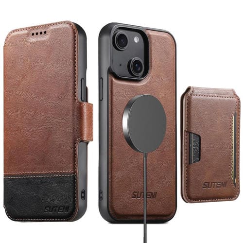 Funda de cuero Suteni Q06S3 3 en 1 con tapa vertical desmontable y cierre magnético para iPhone 15 Plus (marrón)