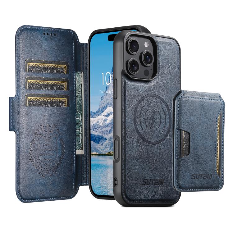 Funda de cuero Suteni Q06S3 3 en 1 con tapa vertical desmontable y cierre magnético para iPhone 15 Plus (azul)