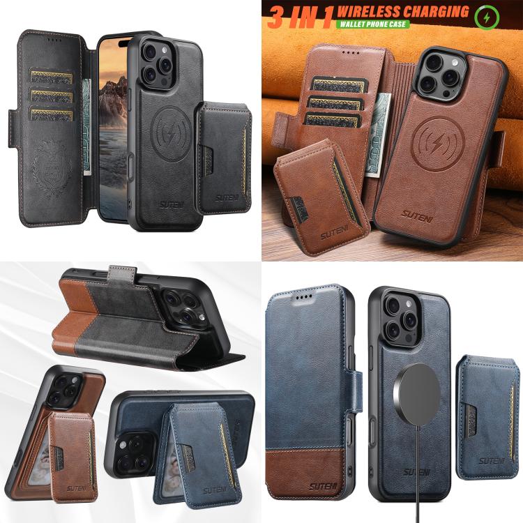 Funda de cuero Suteni Q06S3 3 en 1 con tapa vertical desmontable y cierre magnético para iPhone 15 Pro (negro)