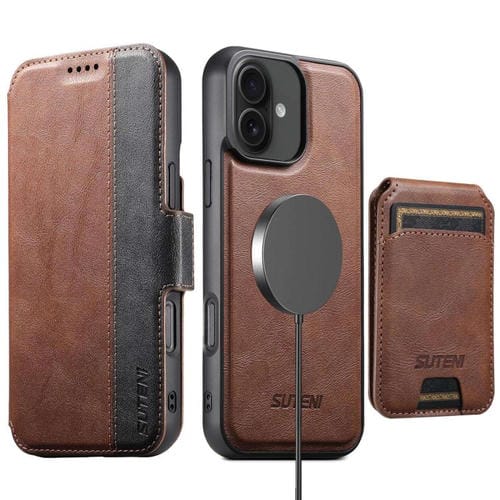 Funda de cuero Suteni Q07S2 3 en 1 con tapa vertical desmontable y cierre MagSafe para iPhone 16 (marrón)