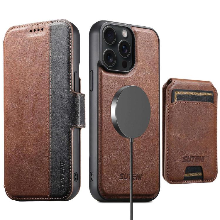 Funda de cuero Suteni Q07S2 3 en 1 con tapa vertical desmontable y cierre MagSafe para iPhone 15 Pro Max (marrón)