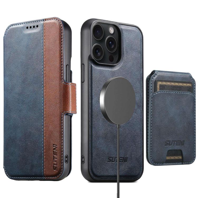 Funda de cuero Suteni Q07S2 3 en 1 con tapa vertical desmontable y cierre MagSafe para iPhone 15 Pro Max (azul)