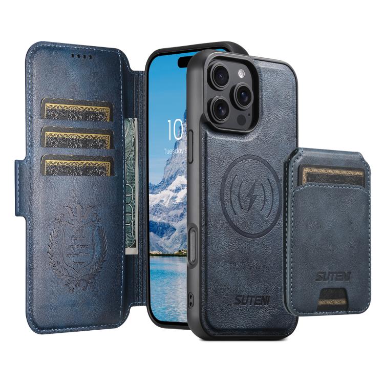 Funda de cuero Suteni Q07S2 3 en 1 con tapa vertical desmontable y cierre MagSafe para iPhone 15 Pro Max (azul)