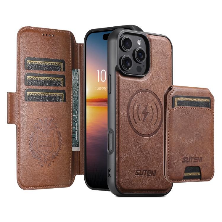 Funda de cuero Suteni Q07S2 3 en 1 con tapa vertical desmontable y cierre MagSafe para iPhone 15 Plus (marrón)