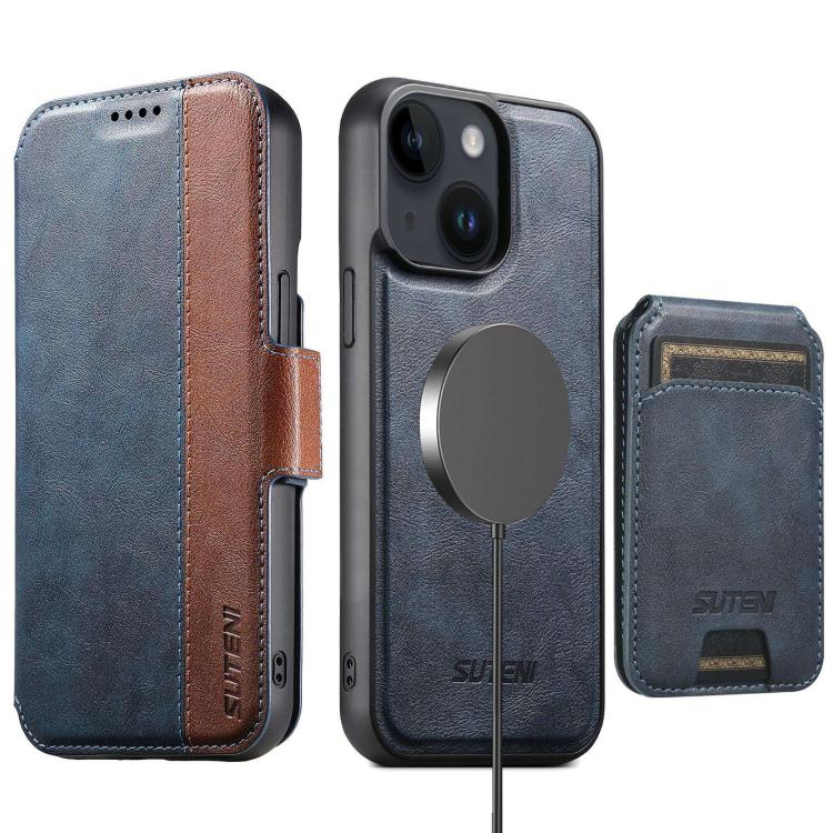 Funda de cuero Suteni Q07S2 3 en 1 con tapa vertical desmontable y cierre MagSafe para iPhone 14 Plus (azul)