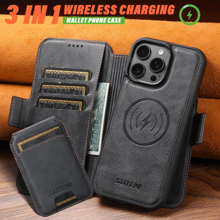 Funda de cuero Suteni Q07S2 3 en 1 con tapa vertical desmontable y cierre MagSafe para iPhone 13 Pro (negra)