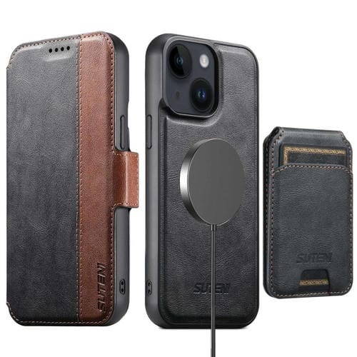 Funda de cuero Suteni Q07S2 3 en 1 con tapa vertical desmontable y ranuras para tarjetas MagSafe para iPhone 13 (negro)