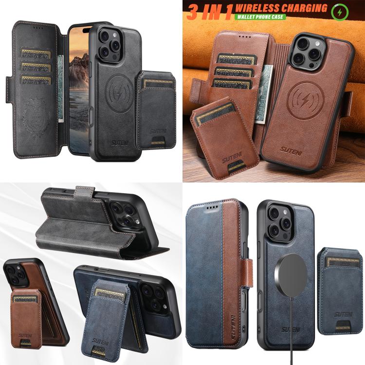 Funda de cuero Suteni Q07S2 3 en 1 con tapa vertical desmontable y cierre MagSafe para iPhone 15 Plus (marrón)