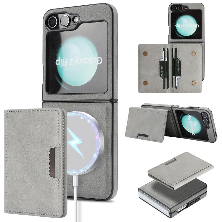 Funda de cuero con adhesivo lateral para Samsung Galaxy Z Flip6, con anillo magnético MagSafe de doble pliegue y fuerte capacidad de carga (gris)