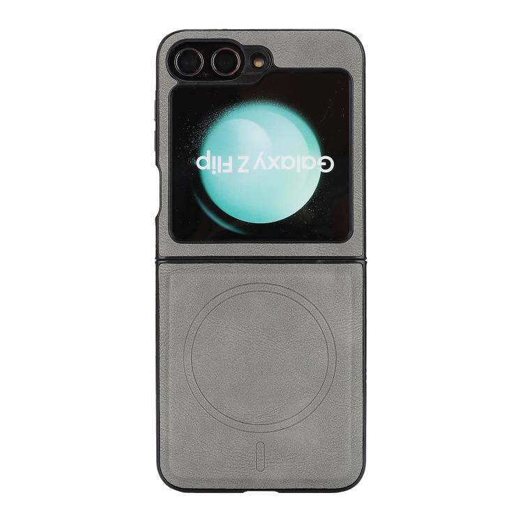 Funda de cuero con adhesivo lateral para Samsung Galaxy Z Flip6, con anillo magnético MagSafe de doble pliegue y fuerte capacidad de carga (gris)