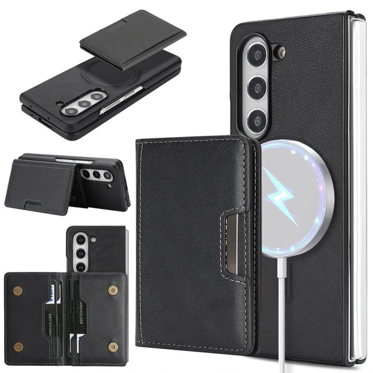 Funda de cuero con adhesivo lateral para Samsung Galaxy Z Fold6, con anillo magnético MagSafe de 2 pliegues y fuerte ranura para tarjetas (negro)