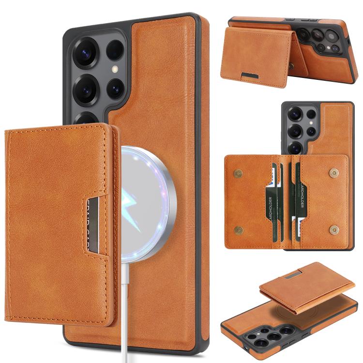 Funda de cuero con adhesivo lateral para Samsung Galaxy S25 Ultra, con anillo magnético MagSafe de doble pliegue y fuerte capacidad de carga (marrón)