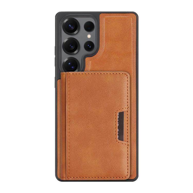 Funda de cuero con adhesivo lateral para Samsung Galaxy S25 Ultra, con anillo magnético MagSafe de doble pliegue y fuerte capacidad de carga (marrón)