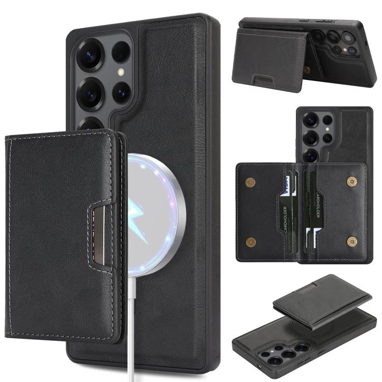 Funda de cuero con adhesivo lateral para Samsung Galaxy S24 Ultra, con anillo magnético MagSafe de doble pliegue y fuerte capacidad de carga (negro)