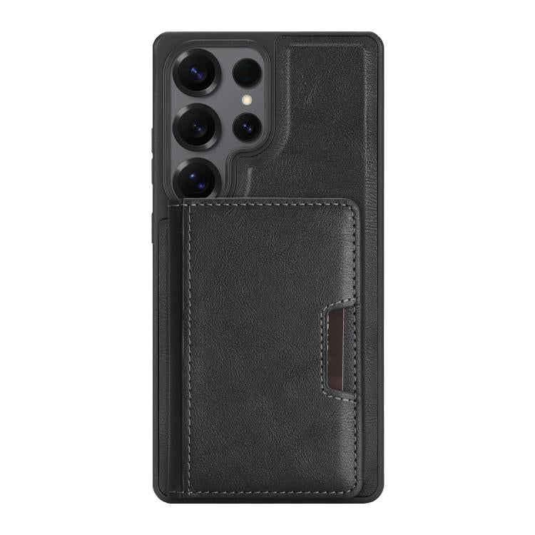 Funda de cuero con adhesivo lateral para Samsung Galaxy S24 Ultra, con anillo magnético MagSafe de doble pliegue y fuerte capacidad de carga (negro)